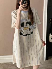 波点圆领女士睡裙，卡通字母印花条纹睡衣 - 杏色 - 查看 2