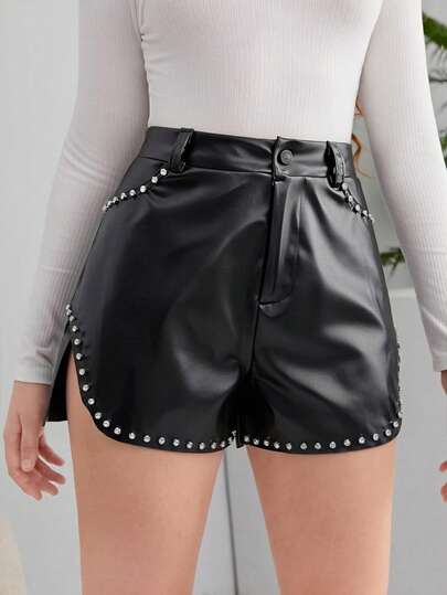 Quần short da PU bóng bẩy, đính đinh tán, gợi cảm dành cho nữ, thích hợp cho những buổi tối đi chơi, kỳ nghỉ, mùa xuân và mùa hè.