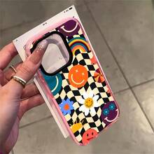 Groovy  Face Phone Case, Retro Vibe, For Compatible With IPhone 17/17pro/17promax/17Air/Iphone16/16pro/16plus/16promax/15/15promax/15pro/11/12/13/14promax/12mini/13mini/11pro/11promax/12pro/12promax/13pro/13promax/14pro/14promax, Fun Flower And Rainbow Pattern Gift,  Aesthetic Present For Her, Cool Groovy Decor Gift - 淺粉色 - 查看 2