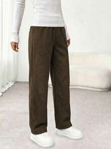 1pc Tween Girls' Plain Durable Casual Corduroy Straight Pants, Suitable For School - màu nâu - Xem 3