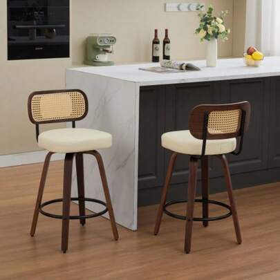Set Of 2 High Counter Stools – 26-Inch Rattan High Counter Stool With Kickstand Backrest, Softback Seat, Walnut Craftsmanship, Island Counter/Counter Swivel Bar Stool (Walnut/Beige), DE1866BG