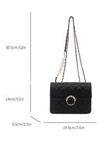Bolso cuadrado de solapa con cadena de perlas, versátil y de moda, bolso bandolera cruzado para mujer - Negro - Ver 7