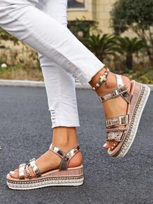 Sandalias de tacón alto con suela de cuerda para mujer, tacón de cuña, punta abierta, lazo, zapatos de plataforma con tacón grueso, adecuados para verano y primavera - Oro rosa - Ver 5