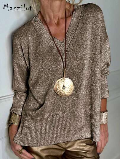 Suéter casual holgado de manga larga con cuello en V y hombros caídos, de unicolor, para mujer de talla grande, otoño/invierno