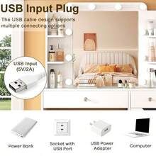 35.5 Modern Vanity Desk With Lighted Mirror, Makeup Vanity Table With Glass Top, 10 USB Power Bulbs Mirror 3 Color & Brightness Adjustable,Bedroom Vanity Set Girls Women,New Year - 白色 - 查看 8