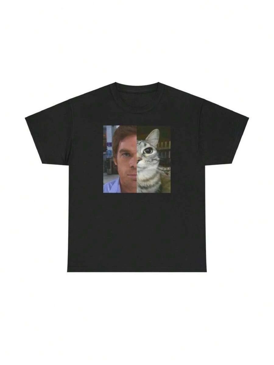 Morgan T-Shirt, Unisex Thick Cotton T-Shirt With A Funny Cat - Black - View 1