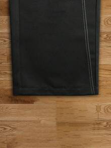 Men's Black Wide Leg Cargo Pants With Contrast Stitching And Button Waist, Street Style - Black - View 6