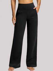 1pcs Women's Straight-Leg Pants, Suitable For Daily Casual Wear, Plain-Colored Straight-Leg Pants, Fitness And Yoga Sports Pants, Spring New Style Straight-Leg Pants, Drapey Straight-Leg Pants, Relaxed Style Commuting Straight-Leg Pants That Enhance Height. - 黑色 - 查看 6