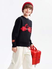 Annil [New Year's Outfit] Children's Round Neck Sweater For Boys And Girls, Spring/New Year Style, Red Loose Knitwear - Black - View 2
