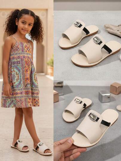 1 Pair Girls' Fashionable Beige Beach Slippers, Black & White PU Strap With Shiny Square Crystal Buckle Decor, Open Toe Slip-On Design, Luxury & Cute Roman Style Home Slippers Suitable For 3-15 Years Old Girls, Daily Casual, Beach, Summer New Arrival
