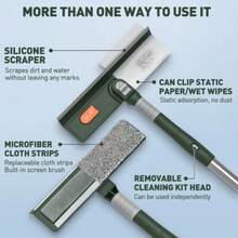 4-In-1 Window Squeegee For Home | Window Cleaning Kit With 3 Microfiber Cloths & Feather Dusters, Professional Tool For Outdoor Windows, Mirrors, Screens, Multi-Use Car Windshield Cleaning Tool With Long Handle, Plastic Material - Green - View 4