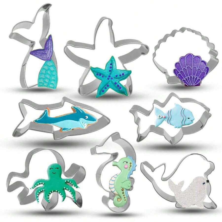 8pcs/Set Stainless Steel Ocean Creature Cookie Cutter Set, For Holiday Baking - Silver - View 1
