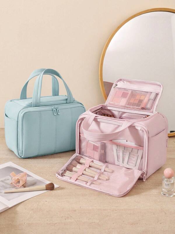 Wide Opening Large Capacity Fluffy Makeup Bag Multi-Pocket Cosmetic Bag, Large Capacity Multi-Functional Portable Travel Business Toiletry Bag, Solid Color Toiletry Storage Bag, Travel-Friendly Toiletries Organizer Holds Lipsticks, Cosmetics And Makeup Brushes