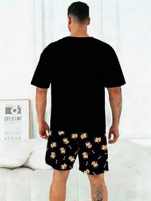 加大码男士睡衣套装 | 圆领短袖上衣和松紧腰休闲短裤两件套 | 涤纶针织面料，柔软透气，宽松版型 | 休闲设计，饰有心形、骨头和小狗图案 - 黑色 - 查看 6