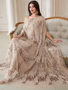 Elegant Batwing Sleeve Women's Robe, Made Of Pleated Chiffon Fabric With Contrasting Sequin Details - Mocha Brown - View 1