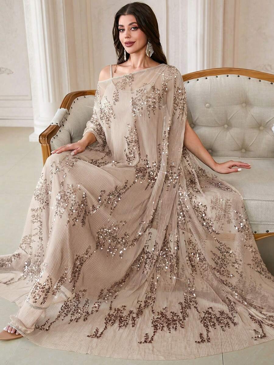 Elegant Batwing Sleeve Women's Robe, Made Of Pleated Chiffon Fabric With Contrasting Sequin Details - Mocha Brown - View 1