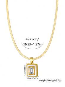 1pc Girl's Pendant Necklace, Minimalist Layered Design, Stainless Steel Flat Chain With Cubic Zirconia Inlaid Rectangular Shell Pendant, Versatile Daily Wear Gift Accessory - Yellow Gold - View 9