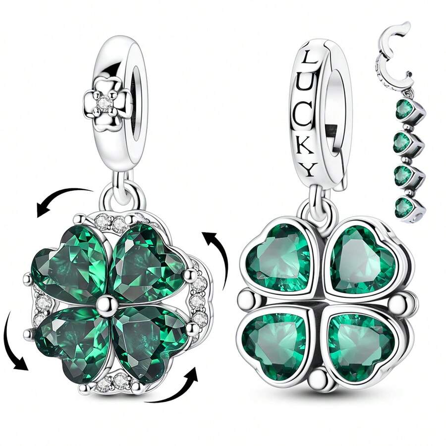 1pc Silver-Plated Green Zirconia Clover Rotating & Openable Charm Pendant, Suitable For Bracelet, Necklace DIY Jewelry Making, Birthday, Anniversary Gift, St. Patrick's Day Green Series - Silver - View 1
