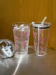 1个，可爱粉色蝴蝶结可重复使用塑料茶杯，带盖和吸管，男女通用水杯，适用于办公室、学校、生日和派对 - 彩色 - 查看 9