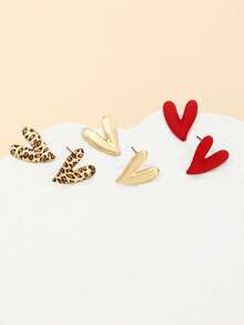3 Pairs/Set Leopard Print Heart, Red Heart, Gold Heart Stud Earrings, Versatile Fashion Accessories - Multicolor - View 2