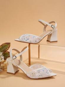 FVPFVP 2026新款夏季女士粗跟中跟尖头网纱镶钻凉鞋 - 白色 - 查看 6