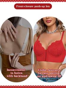 Women's Red Lace Front-Closure Underwire Push Up Bra - Side Coverage & Anti-Sag - Red - View 11