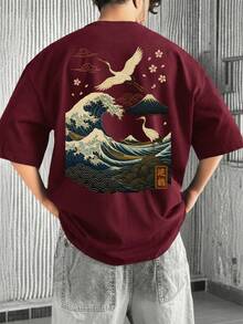 Krometka 男士休闲百搭简约海浪鹤自然风景艺术印花短袖T恤 - 酒紅色 - 查看 5