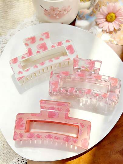 3个/1个 女士 3.35英寸/8.5厘米 粉色心形方形发爪夹，时尚鲨鱼夹发夹，优雅简约纯色发饰，适合日常、休闲、派对、海滩、度假、发型设计、洗发、化妆、服装配饰，秋冬春夏皆宜