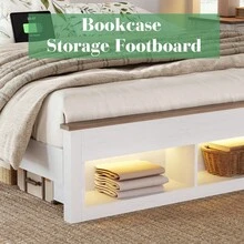 Wood Platform Bed Frame With Bookcase Storage Headboard And Footboard, Farmhouse Bed With LED Light ,Full/Queen/King Size - Xem 8