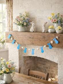 1pc Easter Bunny Wreath, Pink & Blue Felt Rabbit Banner, Spring Holiday Party Decor, Boho Floral Garland, Holiday Home Wall Decor, Lightweight Fabric Party Banner, Living Room Fireplace Mantel Decor, Rustic Boho Easter Decoration, Spring Event Decor, Colorful Felt Animal Wreath - Multicolor - View 6