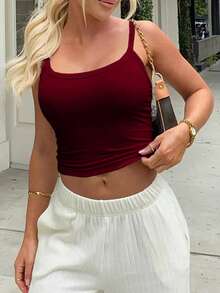 Vaiaye 女士时尚内衣风上衣，春夏圆领修身休闲度假性感吊带背心，无袖吊带T恤，适合日常穿着、工作通勤。 - 玫紅色 - 查看 3