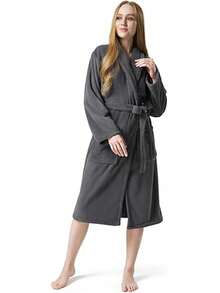 1 Women's Hooded Wool Robe, Soft And Warm Fluffy Bathrobe With Pockets, Thick Flannel Nightgown, Long Sleeved Bathrobe - Grey - View 3