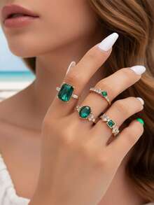 imoli 4pcs/set Glamorous Zinc Alloy Rhinestone Geometric Decor Ring For Women For Girlfriend's Gift - Green - View 4