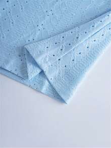 Perforated Embroidered Square Neck T-Shirt, Casual Short Sleeve Front Ruched Top, For Women, Spring/Summer - Sky Blue - View 8