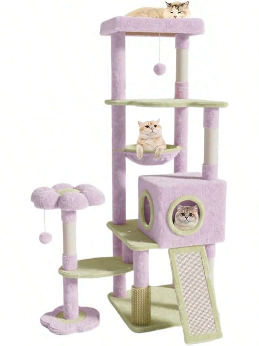 FINYQBET Árbol para Gatos, 155 cm de Altura, 8 Niveles con Cueva, Hamacas, Rascador de Sisal y Forro Polar Suave, Diseño Flor, 2 Pompones, Torre de Juego para Gatos Grandes y Múltiples Mascotas - 1 - Ver 1
