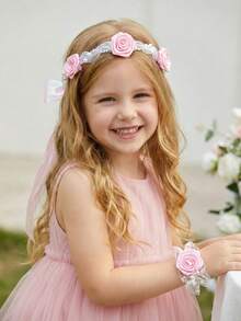 2pcs/Set Pink Rose Flower Crown + Flower Bracelet Set, For Girls, Ice & Snow Themed Wedding, Bridal, Party, Photo Booth Props, Wedding Decor, Flower Crown, Wrist Flower, Valentine's Day Gift, Parent-Child - Pink - View 10