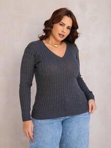 Women's Plus Size Knit Blouse With Braided Detail, V-Neck, Long Sleeves, Casual Style - 石墨 - 查看 4