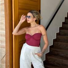 Antonella Premium Polyamide Top, Wrap Style, Luna Fashion, Party, Summer, High Versatility, Perfect Fit, Fabric, Backless, Asymmetrical Strapless Top, Night. - Redwood - View 1