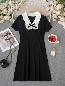 夏季黑白撞色针织迷你连衣裙 - 优雅纯正的Yurty甜美休闲学院风街头Y2K短袖彼得潘领蝴蝶结装饰荷叶边袖口修身A字女装连衣裙及上衣 | 适合年轻女士、甜美女孩、Y2K女孩和性感女孩，完美适用于情人节/妇女节/母亲节/休闲聚会/海滩度假/派对聚会/返校季/婚礼季/音乐节/2026春季学院风针织连衣裙 - 黑色 - 查看 8