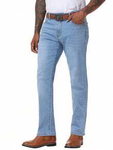 Men's Regular Fit Stretch Jeans Straight-Leg Vintage Washed Casual Denim Pants Comfort Classic Urban Streetwear - 淺色水洗藍 - 查看 1