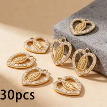 30个宗教合金圣母玛利亚心形吊坠，DIY项链、手链、珠宝配件 - 金色 - 查看 8