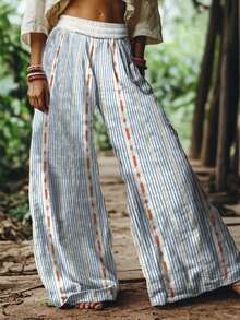 2026 Women's New Arrival Pink & Blue  Printed Patchwork Floral Plaid Pastoral Style Wide-Leg Elastic Waist Casual Pants - Rửa nhẹ - Xem 3