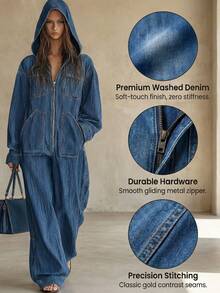 Women's Fashionable Hooded Denim Jumpsuit, Long-Sleeved Straight Loose Design, Lazy And Casual Style, New European And American High Street Pants For Autumn And Winter, Suitable For All Occasions, Women's Spring, Autumn And Winter Wear - 藍色 - 查看 1