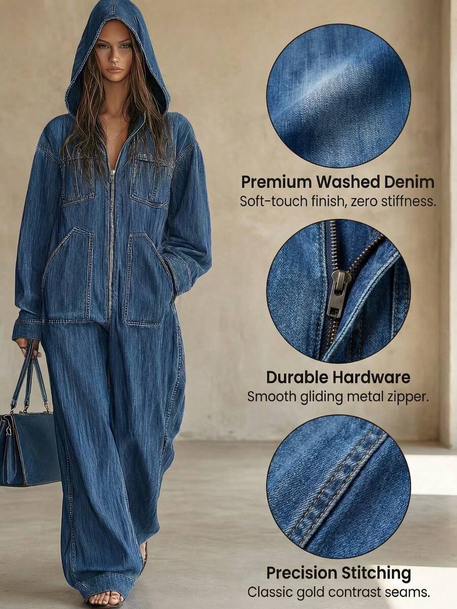 Women's Fashionable Hooded Denim Jumpsuit, Long-Sleeved Straight Loose Design, Lazy And Casual Style, New European And American High Street Pants For Autumn And Winter, Suitable For All Occasions, Women's Spring, Autumn And Winter Wear - 藍色 - 查看 1