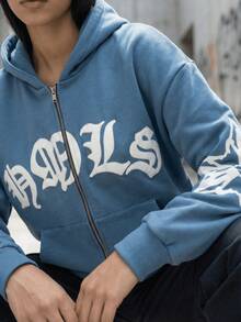 Y2K Gothic Punk Fashion Zipper Hoodie For Women With Snowflake Pattern And Letter Print Design Warm Fall Winter Jacket, Versatile Daily Wear, Back ToSchool, Graduation, Teacher Attire, Outdoor Fitness,Running, Valentine'S Day, Christmas Party - 藍色 - 查看 4