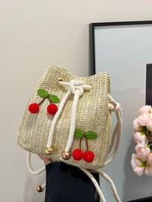 Túi đeo chéo vai họa tiết dâu tây thời trang mới, túi xách tay, túi công sở, túi xô dây rút, túi đeo vai họa tiết quả anh đào tối giản. - Màu Khaki - Xem 6