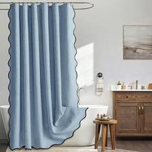 MIULEE Moonlight Blue Scalloped Shower Curtain Linen Textured With 12 Metal Hooks Cute Heavy Duty Washable Waterproof Thick Cloth Shower Curtains With Black Border For Bathroom Hotel Bathtub,W72*L72 - 月光藍 - 查看 1