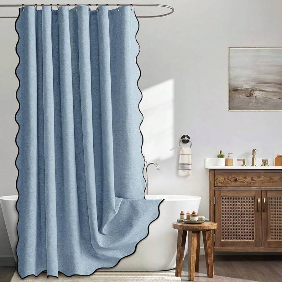 MIULEE Moonlight Blue Scalloped Shower Curtain Linen Textured With 12 Metal Hooks Cute Heavy Duty Washable Waterproof Thick Cloth Shower Curtains With Black Border For Bathroom Hotel Bathtub,W72*L72 - 月光藍 - 查看 1