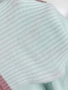 Spring/Summer New Contrast Color Round Neck Ribbed Knit Sweater Women, Long Sleeve Asymmetrical Hem Fitted Commuter Top - Baby Blue - View 11