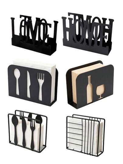 1 pieza Soporte creativo para servilletas de 6 estilos opcionales en negro, diseño cuadrado vertical, incluye soporte para copa de vino/LOVE/cubiertos/rejilla para cubiertos/rayas horizontales y verticales/letra HOME, estantería de estilo europeo para mesa de comedor, soporte de papel higiénico de hierro, decoración de mesa de cocina y comedor, decoración de mesa de restaurante de alta gama